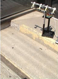 On a concrete set of steps, the sensors view the drop off.  IR0 detects the highest step (the traveling surface) while the other three sensors detect the next steps which are more than 10cm lower than traveling surface, sounding the alert for drop off detection.